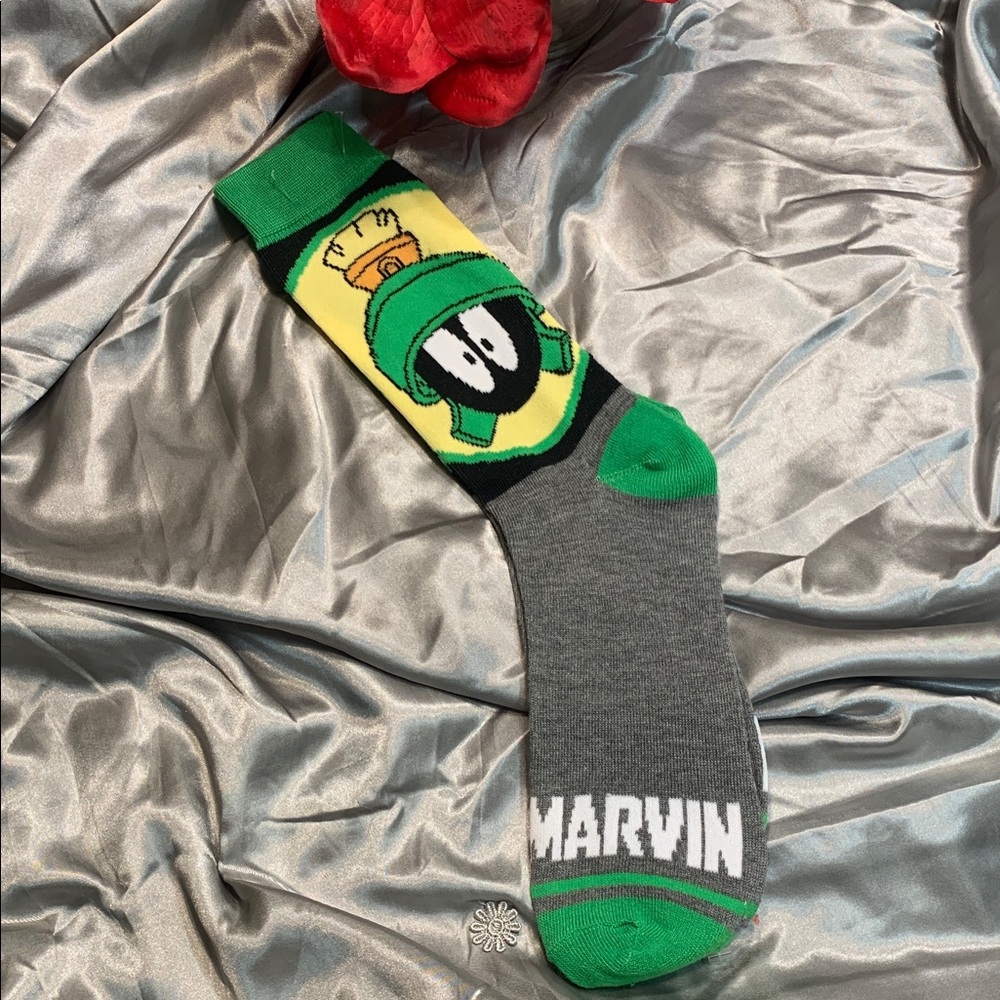 🌹 FUN Socks “MARVIN” Graphic Crew Socks - Green & Gray - NWOT •